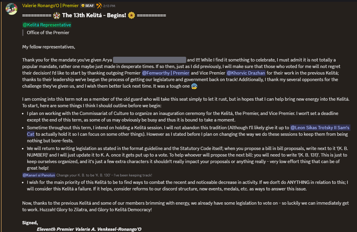 Thirteenth Kelitá Elected