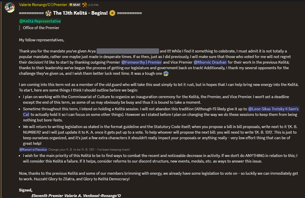 Thirteenth Kelitá Elected